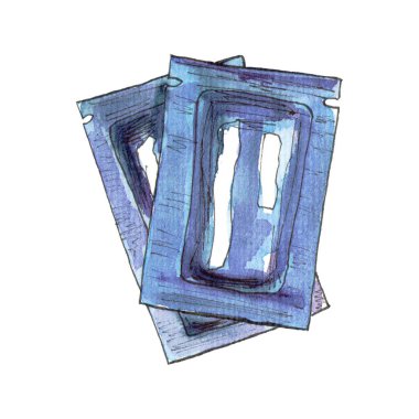 Beyaz bir arka planda izole edilmiş yüz maskesi, şampuan paketi. Mürekkep ve suluboya çizilmiş bir eskiz. Serbest çizim grafik tasarımı.