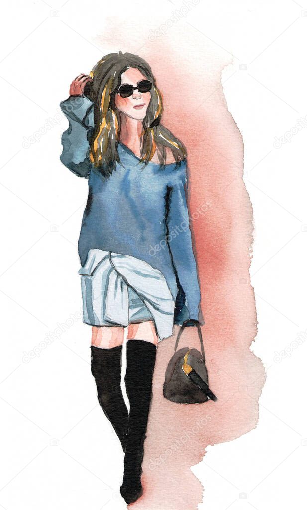 Fashion illustration of a pretty girl in sunglasses, a sweater, long boots and a skirt. Watercolor drawing by hand isolated on a white background.