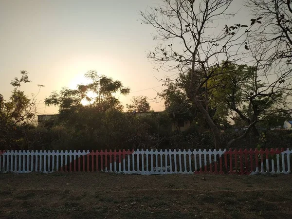 Sonne Hinter Bäumen Der Eisenbahnmauer Mit Weißer Und Roter Farbe — Stockfoto