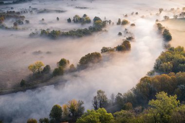 Kuzey İtalya 'da Adda nehri üzerindeki Airuno Sonbahar mevsiminde gizemli sisli ağaçlarla birlikte