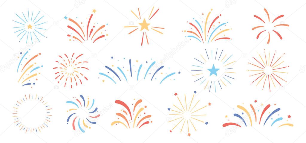 Vector hand drawn fireworks set. Festive fireworks for holiday, New Year, party, Christmas, birthday, carnival, Independence day. Celebration firework isolated on white background