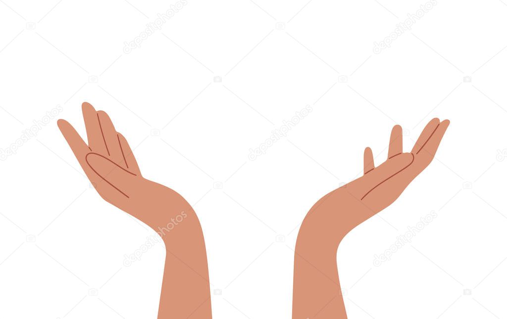 Hand drawn cupped hands illustration. Raised hands vector concept. Volunteering charity, votes, support, hope and peace. Vector human open hands isolated on white background