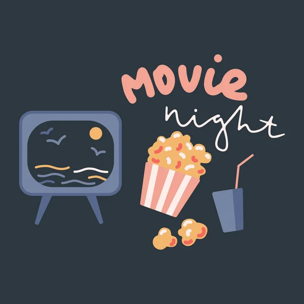 Vlakke Vector Cartoon Illustratie Met Popcorn Frisdrank Geïsoleerd Blauwe Achtergrond — Stockvector