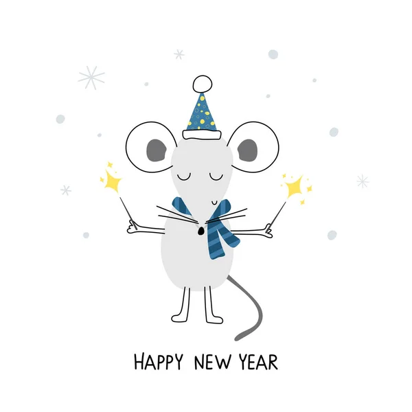Karta Roztomilou Myší Jiskry Šťastný Nový Rok Vektorová Ilustrace Vánoční — Stockový vektor