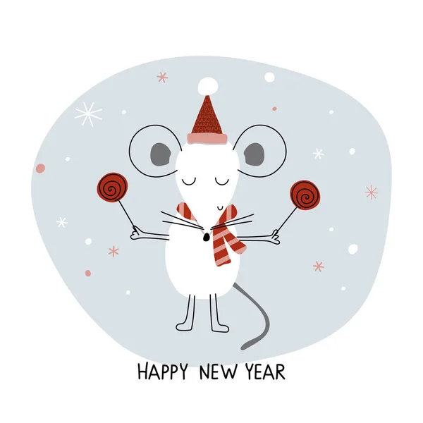 Karta Roztomilou Myší Bonbóny Šťastný Nový Rok Vektorová Ilustrace Vánoční — Stockový vektor