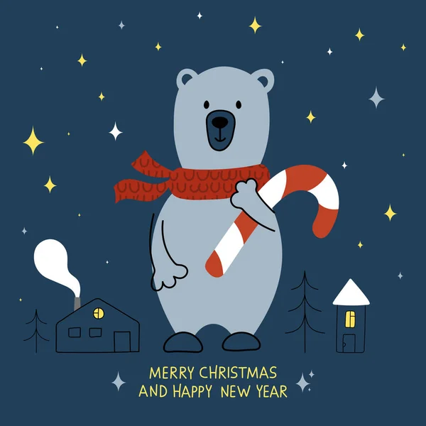 Christmas card for winter holidays with cute bear and candy. Vector cartoon illustration. Hand drawn typography poster. Merry Christmas and Happy New Year. Vector illustration for greeting cards, posters, gift tags