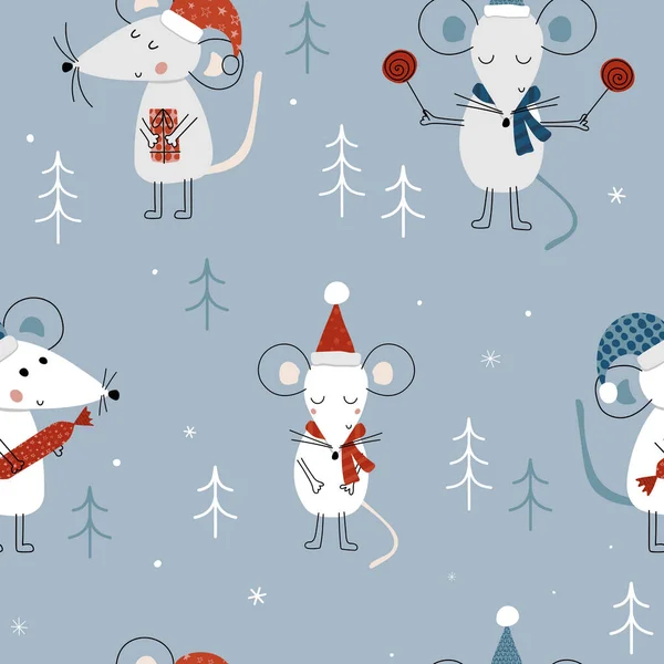 Weihnachten Nahtlose Muster Mit Niedlichen Mäusen Nahtloses Muster Für Karten — Stockvektor