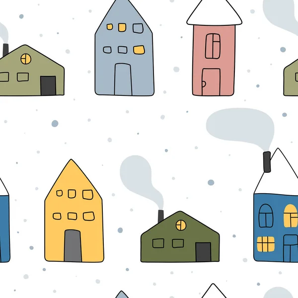 Χριστούγεννα Απρόσκοπτη Διάνυσμα Μοτίβο Σπίτια Και Νιφάδες Χιονιού Παιδιάστικο Σχέδιο — Διανυσματικό Αρχείο