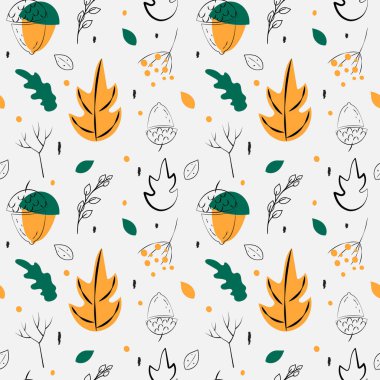 Güz pürüzsüz desen, güz mevsiminin siluetleri İskandinav tarzında, beyaz arka plan