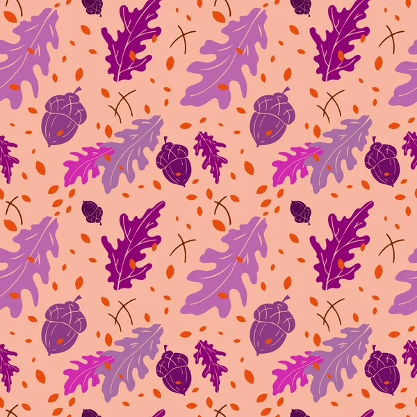 Autumn seamless pattern, hand drawn set of violet silhouettes of fall forest season, cantaloupe color background — Stock Vector