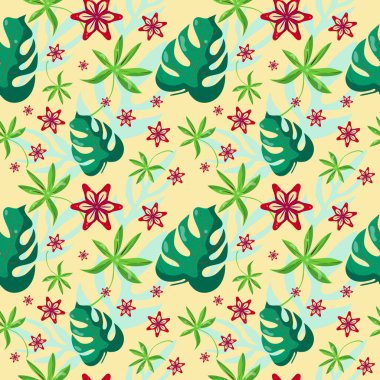 Kusursuz düzenlenebilir desen, Floral tropikal tasarım, el yapımı yapraklar, örneğin sarı arka plan. İzole elementler. VECTOR