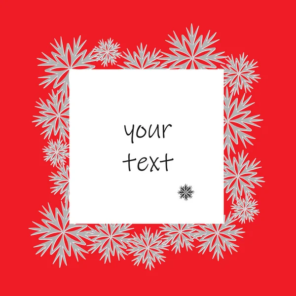 Weihnachtskarten-Vorlage mit Schneeflocken und Platz für Text, 3D-Effekt. Leuchtend roter Hintergrund — Stockvektor
