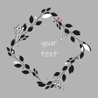 Dekoratif web kartı şablonu. Yaratıcı süsleme kenarlığı gri ve siyah renkler, brane, yaprak, böğürtlen, metin için boşluk.