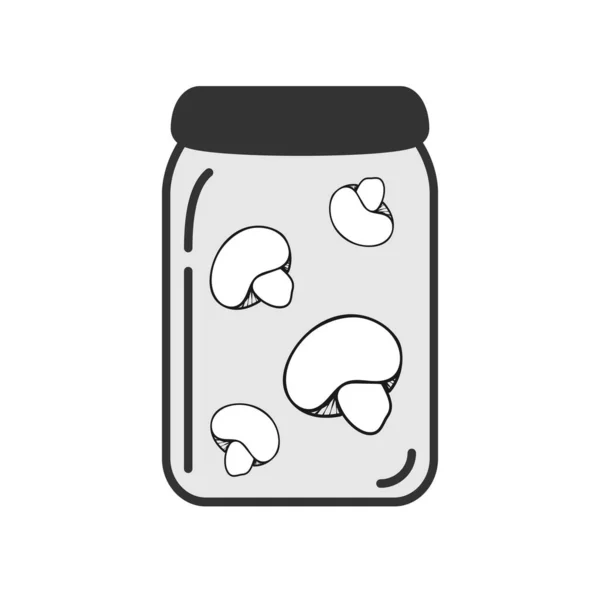 Glazen pot bewerkbaar pictogram met champignons, platte stijl ontwerp, zwart-wit kleuren — Stockvector