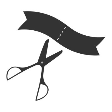 Siyah, gri makas ikonu, açılış gününde kurdeleyi kesme konsepti. Beyaz arkaplan