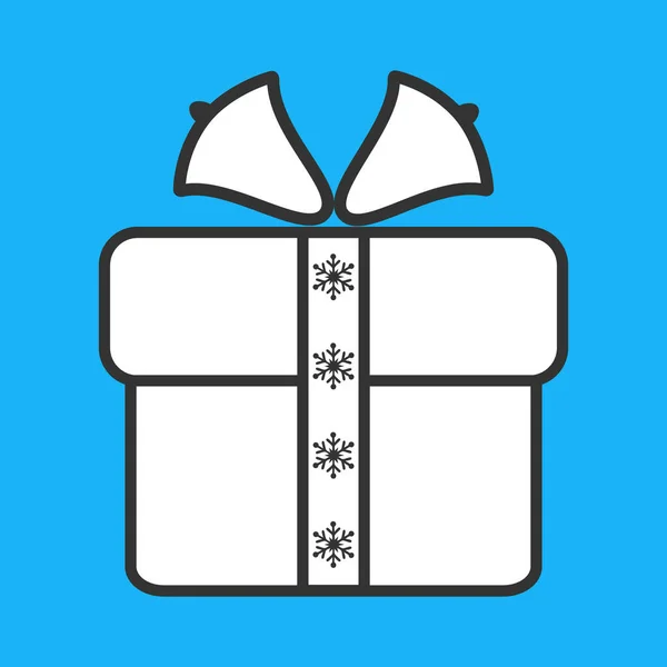 Icono de caja de regalo con campanas y copos de nieve, ilustración plana web de línea negra. Navidad, tema de vacaciones de invierno. — Vector de stock