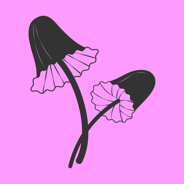 Ícone de cogumelo Psilocybin, silhueta preta em estilo cartoon plana, ilustração desenhada à mão. Vector Ep 10. Violeta roxo fundo — Vetor de Stock