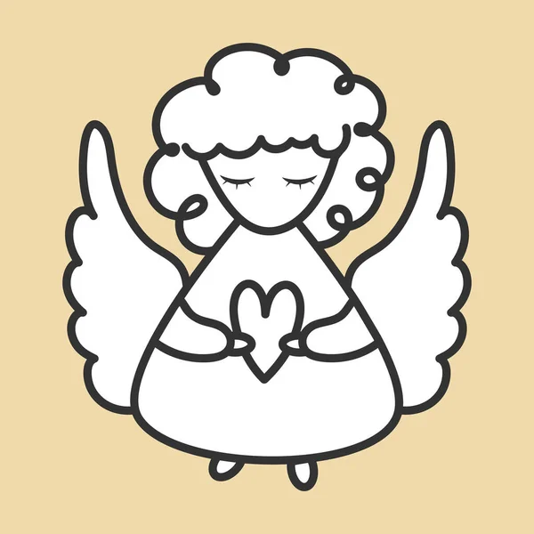 Ангел с крыльями и иконой сердца, нарисованная вручную плоская эскизная линия. Черная линия, белый цвет — стоковый вектор