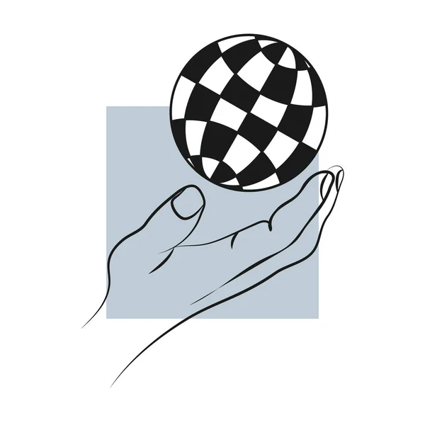 Hand of a man holding the globe with meridians in colors of chess desk as a concept of worldeide games. — Stock Vector