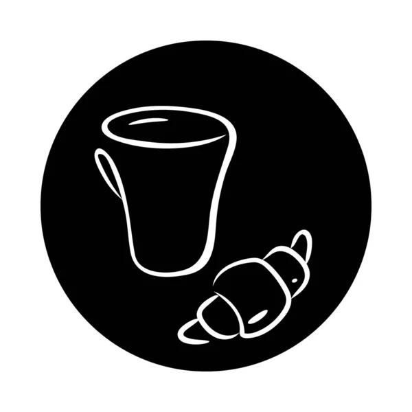 Kaffeetasse und Brioche-Symbol vorhanden. Handgezeichnete Skizze Stil Illustration, weiße Striche, schwarzer Kreis Hintergrund — Stockvektor