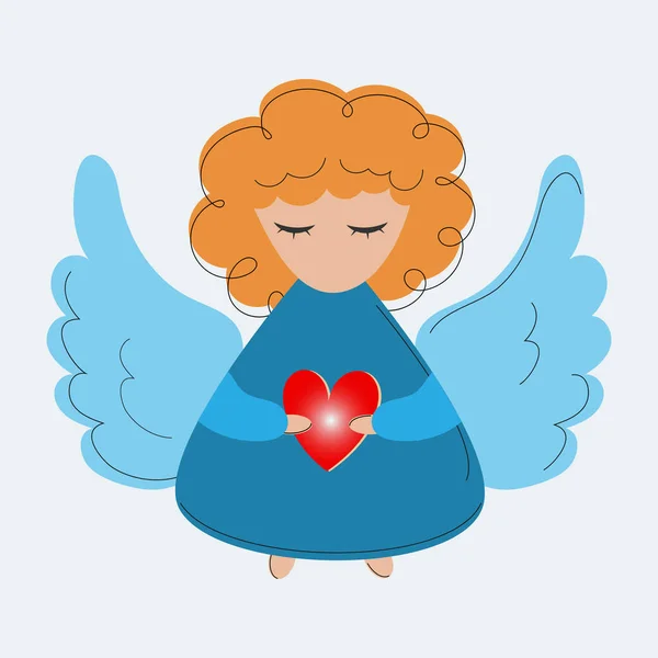 Colored version of cute angel with wings and heart Icon. Hand drawn flat sketch line design. Black stroke line, in blue colors — Stock Vector