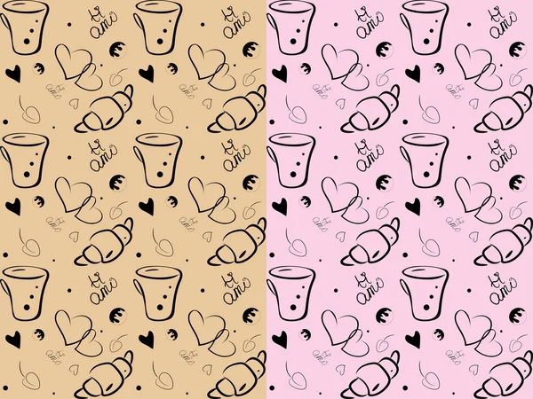 AMOR café sem costura padrão. Desenho à mão ilustração estilo esboço de xícara de café, corações, brioche, italiano lettering Ti amo — Vetor de Stock