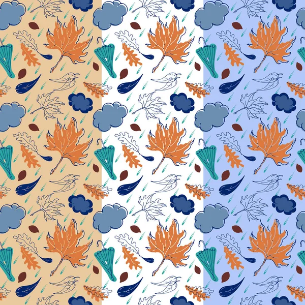 La forêt d'automne laisse un motif sans couture. Conception de silhouettes graphiques dessinées à la main. Monotine sur teintes bleues de feuilles, tremble, érable, chêne, parapluie. Couleur de fond pour votre choix — Image vectorielle