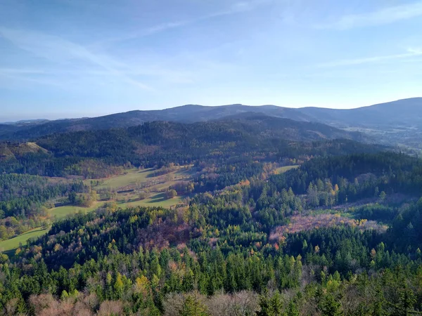 Panorama Das Montanhas Karkonosze Início Outono Montanhas Árvores Prados — Fotografia de Stock