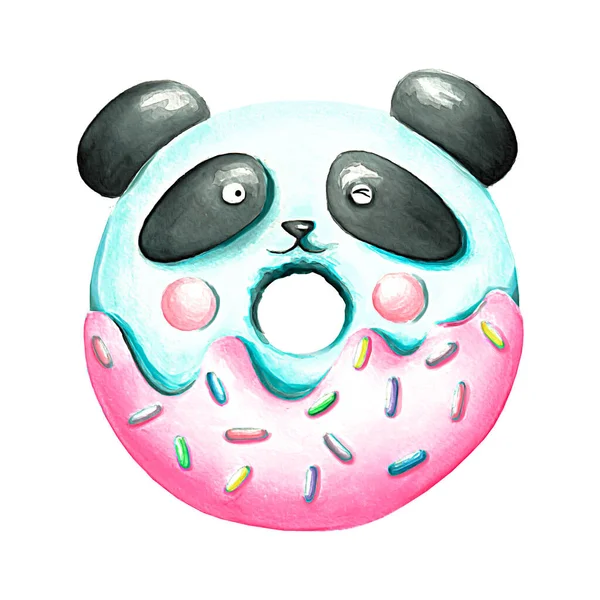 Смішна Мультяшна Акварельна Синьо Рожева Пончикова Панда — стокове фото