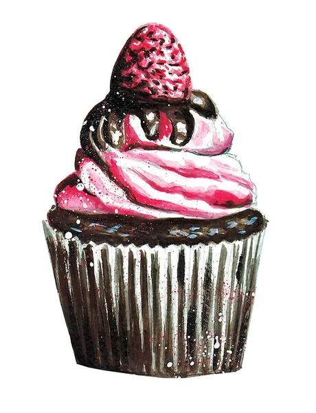 Cupcake Aquarela Rosa Com Morangos Fundo Branco — Fotografia de Stock