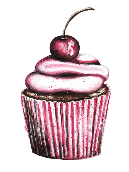 Cupcake Rosa Chocolate Com Aquarela Cereja Fundo Branco — Fotografia de Stock