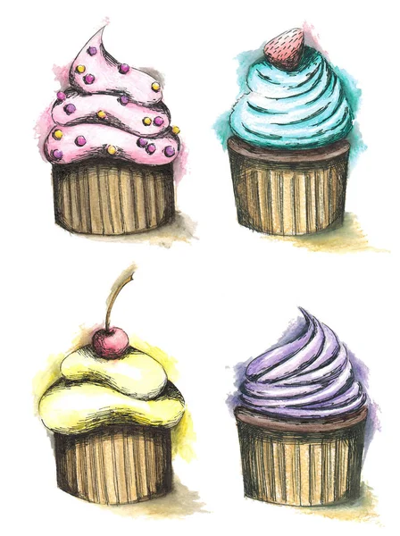 Pink Blue Purple Yellow Cupcake Set — Stock Photo, Image