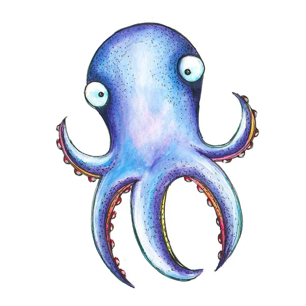 Legrační Karikatura Fialová Akvarel Chobotnice — Stock fotografie