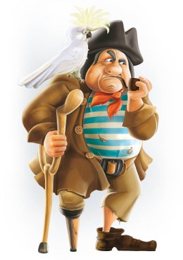 Tütün boru ve papağan ile Hazine Adası karakteri John Silver pirat