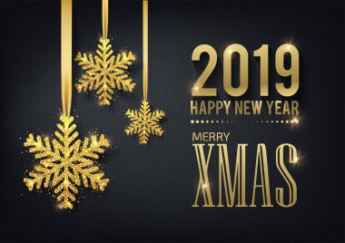 Tebrik kartı, mutlu yeni yıl 2019 ve Noel ile davet. Metalik altın Noel kar tanesi, dekorasyon, parıldayan, siyah bir zemin üzerine parlak konfeti. Vektör çizim