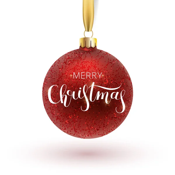 Christmas gratulationskort. Röd jul bollen, med en prydnad och glitter. Hand dras bokstäver. Vektorillustration. — Stock vektor