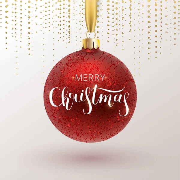 Christmas gratulationskort. Röd jul bollen, med en prydnad och glitter. Hand dras bokstäver. Vektorillustration. — Stock vektor