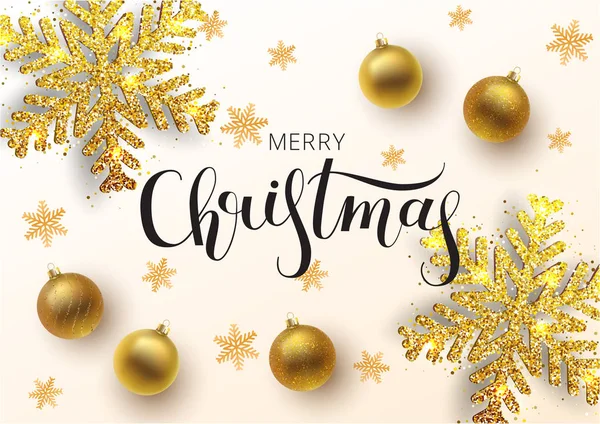 Christmas gratulationskort, vector bakgrund. Guld jul bollen, med en prydnad och glitter. Metalliskt guld jul snöflinga. Hand dras bokstäver. Vektorillustration — Stock vektor