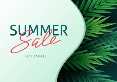 Merhaba yaz, yaz. Tropik bitkilerin arka planına karşı metin afişi. Palmiye yaprakları, orman yaprağı ve el yazısı harfleri. Satılık afiş ve reklam işareti. Vektör