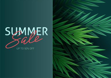 Merhaba yaz, yaz. Tropik bitkilerin arka planına karşı metin afişi. Palmiye yaprakları, orman yaprağı ve el yazısı harfleri. Satılık afiş ve reklam işareti. Vektör