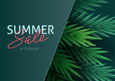 Merhaba yaz, yaz. Tropik bitkilerin arka planına karşı metin afişi. Palmiye yaprakları, orman yaprağı ve el yazısı harfleri. Satılık afiş ve reklam işareti. Vektör