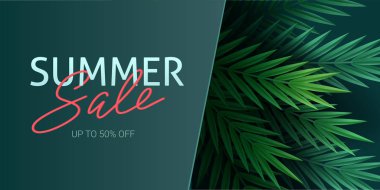 Merhaba yaz, yaz. Tropik bitkilerin arka planına karşı metin afişi. Palmiye yaprakları, orman yaprağı ve el yazısı harfleri. Satılık afiş ve reklam işareti. Vektör