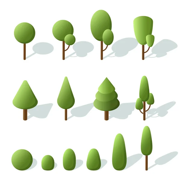 Stel bomen isometrisch. 3D-bomen voor landschapsontwerp. Pictogrammen voor stadsplattegronden, games. Vector illustratie. — Stockvector