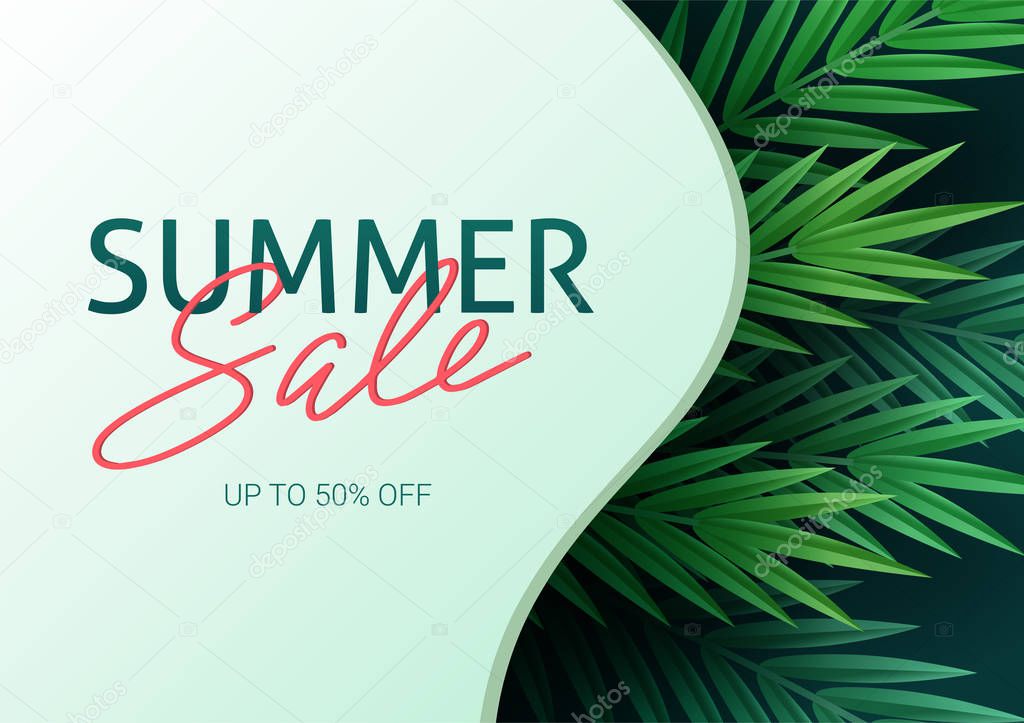 Hello summer, summertime. The text poster against the background of tropical plants. Palm leaves, jungle leaf and handwriting lettering. The poster for sale and an advertizing sign.  Vector