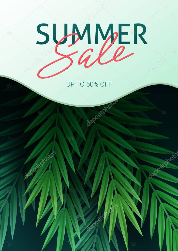 Hello summer, summertime. The text poster against the background of tropical plants. Palm leaves, jungle leaf and handwriting lettering. The poster for sale and an advertizing sign.  Vector