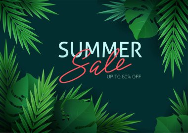 Merhaba yaz, yaz. Tropik bitkilerin arka planına karşı metin afişi. Palmiye yaprakları, orman yaprağı ve el yazısı harfleri. Vektör