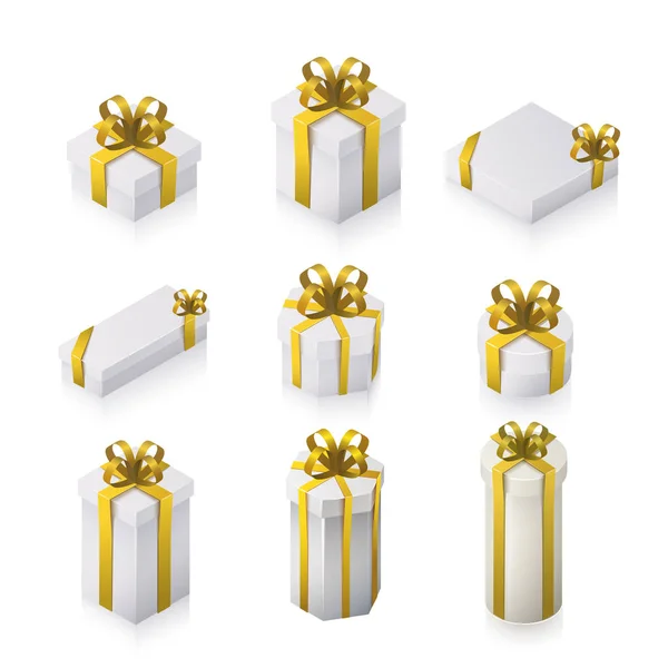 Ισομετρικό σύνολο λευκών κουτιών δώρου με χρυσό τόξο και κορδέλες. Συνταγματάρχης — Διανυσματικό Αρχείο