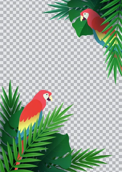 你好夏天，夏天。热带植物的背景。扁平鹦鹉金刚鹦鹉。棕榈叶，丛林叶子。出售的海报和一个广告标志。向量 — 图库矢量图片