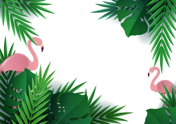Bonjour l'été, l'été. Contexte des plantes tropicales. Flamant rose plat. Feuilles de palmier, feuilles de jungle. L'affiche à vendre et un panneau publicitaire. Vecteur — Image vectorielle