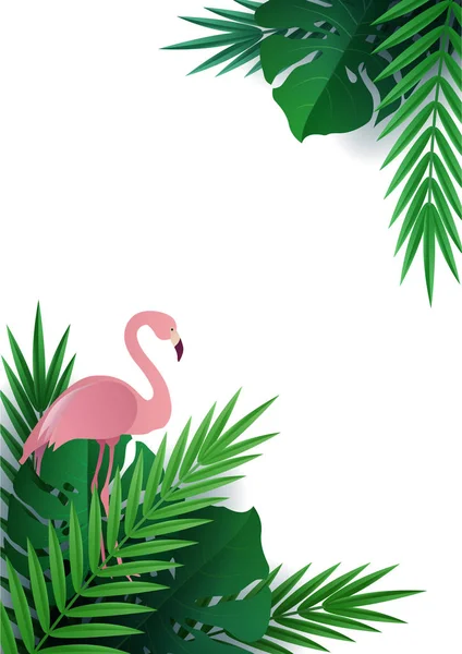 Hallo Sommer, Sommerzeit. Hintergrund tropischer Pflanzen. Flacher Vogel-Flamingo. Palmblätter, Dschungelblatt. das zum Verkauf stehende Plakat und ein Werbeschild. Vektor — Stockvektor